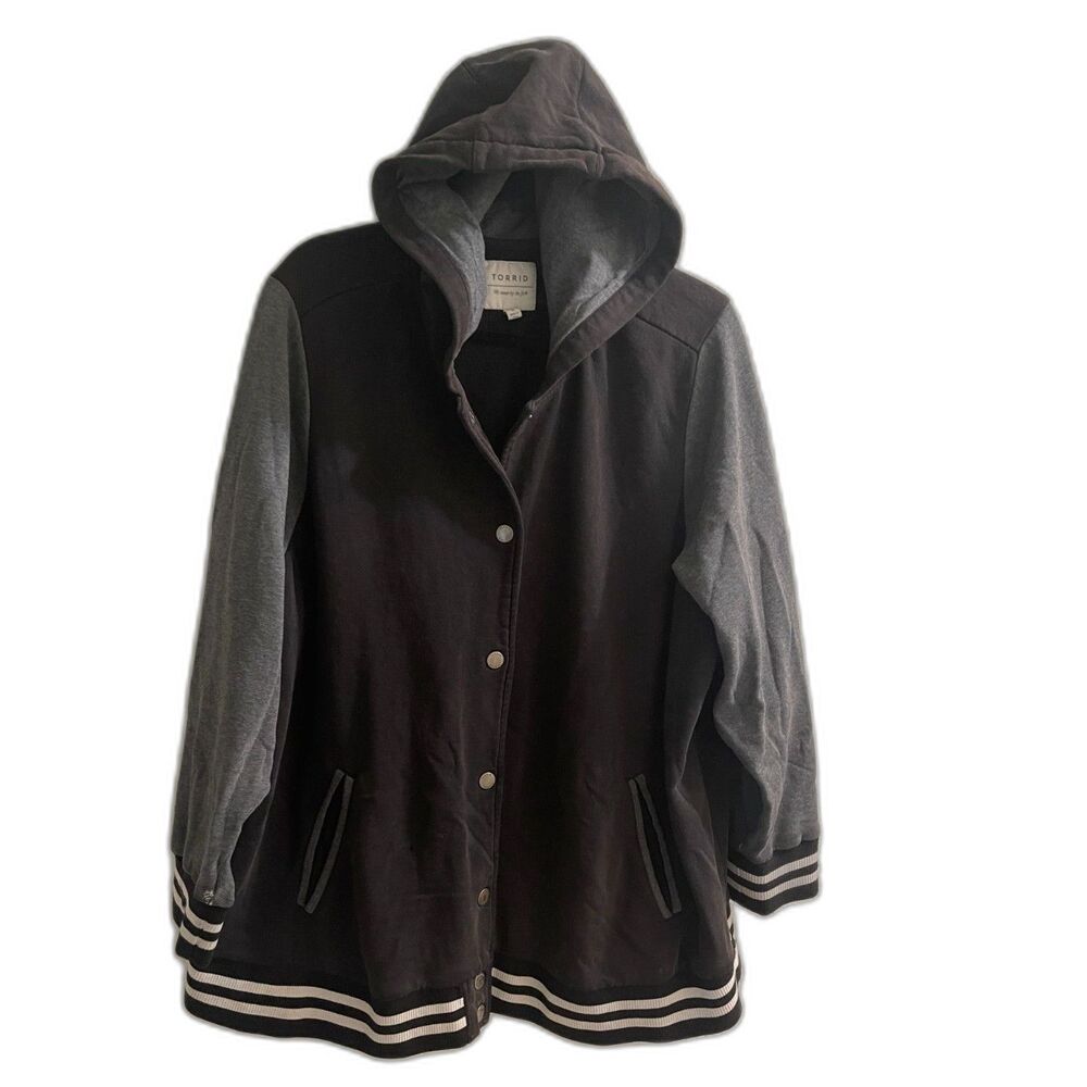Vintage Torrid Snap Front Hoodie Black & Grey Varsity Style Cotton Blend Size 5